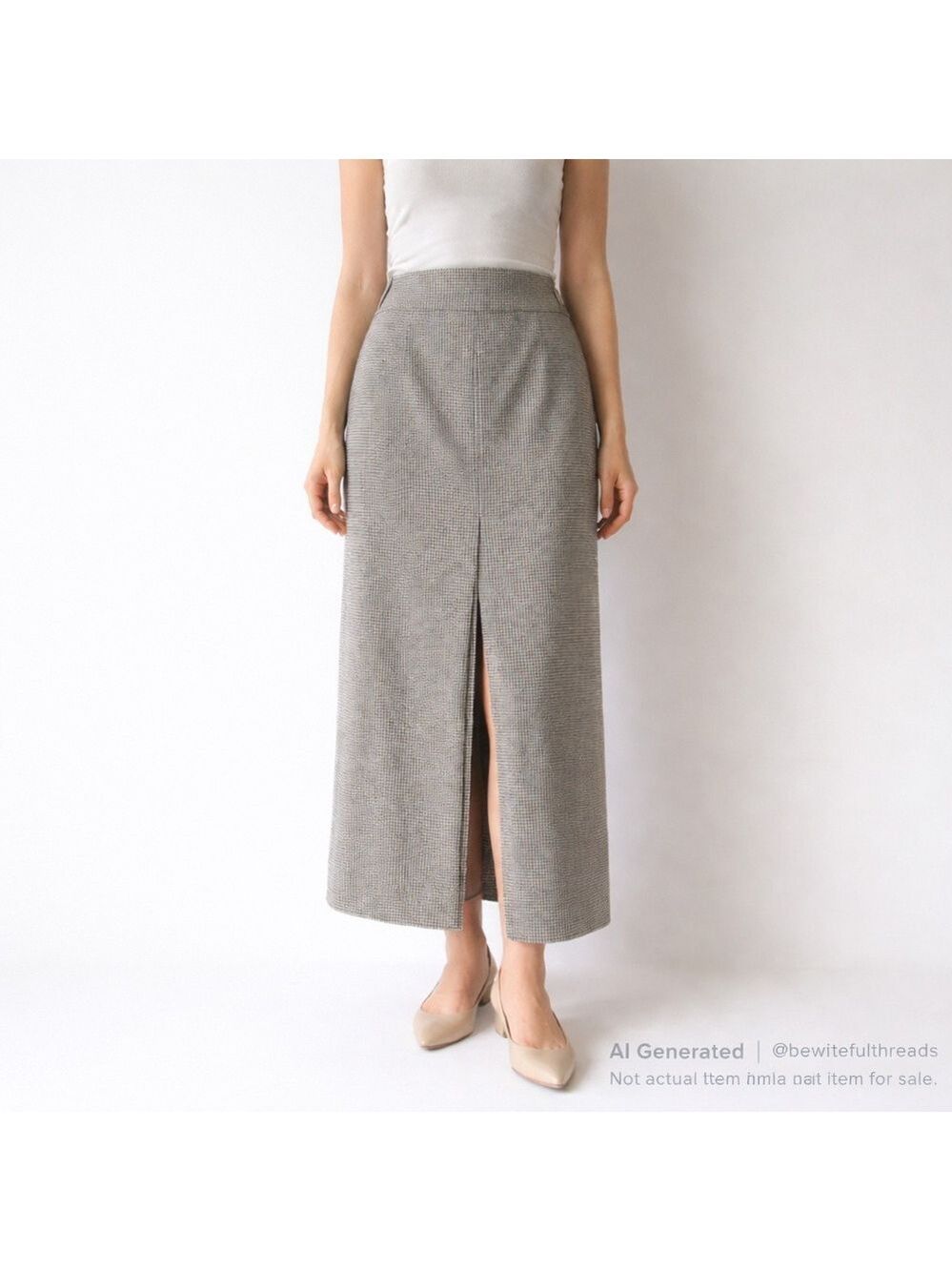 Vintage Wool Blend Micro-Check Midi Skirt US 6–8 Lined Front Slit